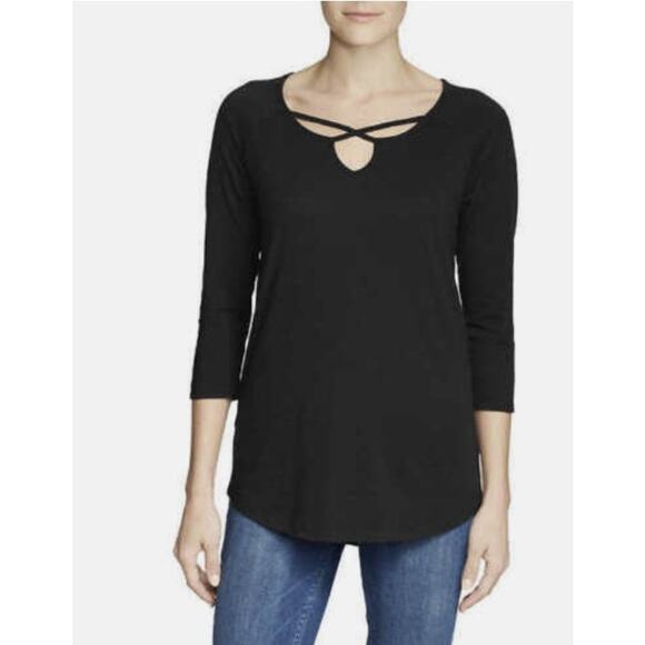 Eddie Bauer Womens Small Black Top 3/4 Sleeve Cross Front Cotton Modal - Picture 1 of 7